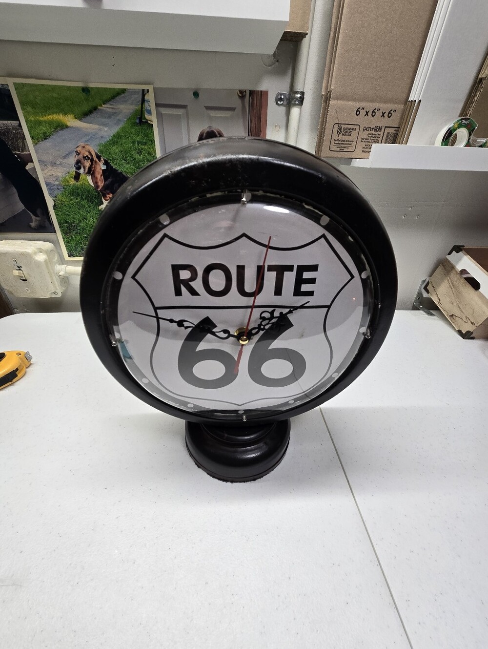 Black Metal Route 66 Gasoline Globe Style Clock is a vintage-inspired shelf cloc